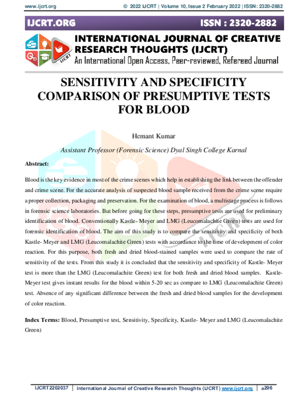 (PDF) SENSITIVITY AND SPECIFICITY COMPARISON OF PRESUMPTIVE TESTS FOR