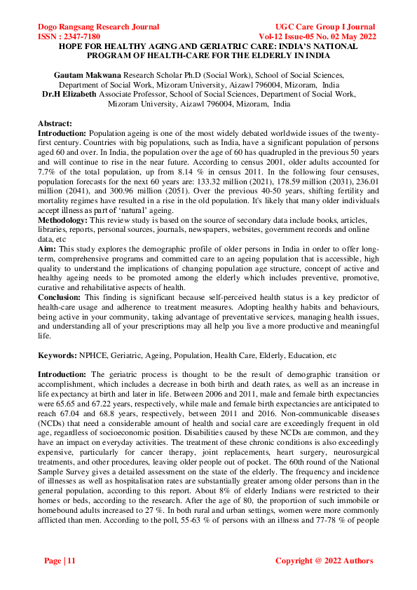 (PDF) HOPE FOR HEALTHY AGING AND GERIATRIC CARE: INDIA'S NATIONAL ...