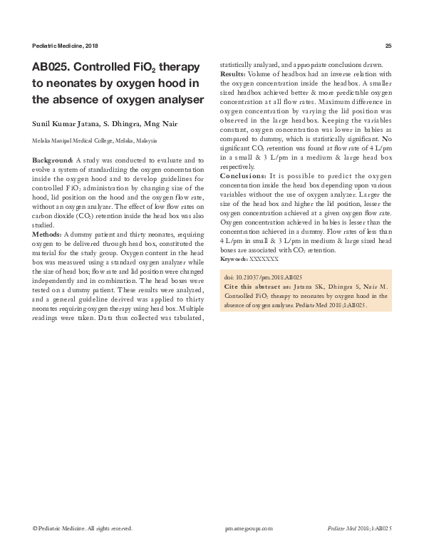 (PDF) AB025. Controlled FiO2 therapy to neonates by oxygen hood in the ...