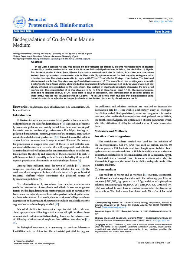 (PDF) Biodegradation of Crude Oil in Marine Medium