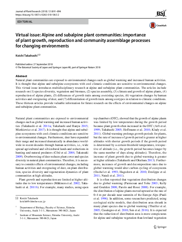 (PDF) Virtual issue: Alpine and subalpine plant communities: importance ...
