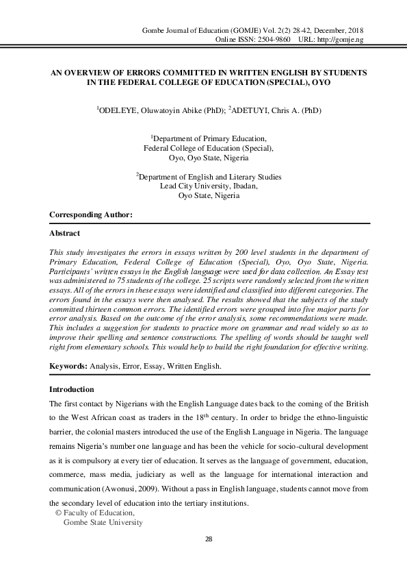 (PDF) AN OVERVIEW OF ERRORS COMMITTED IN WRITTEN ENGLISH BY STUDENTS IN ...