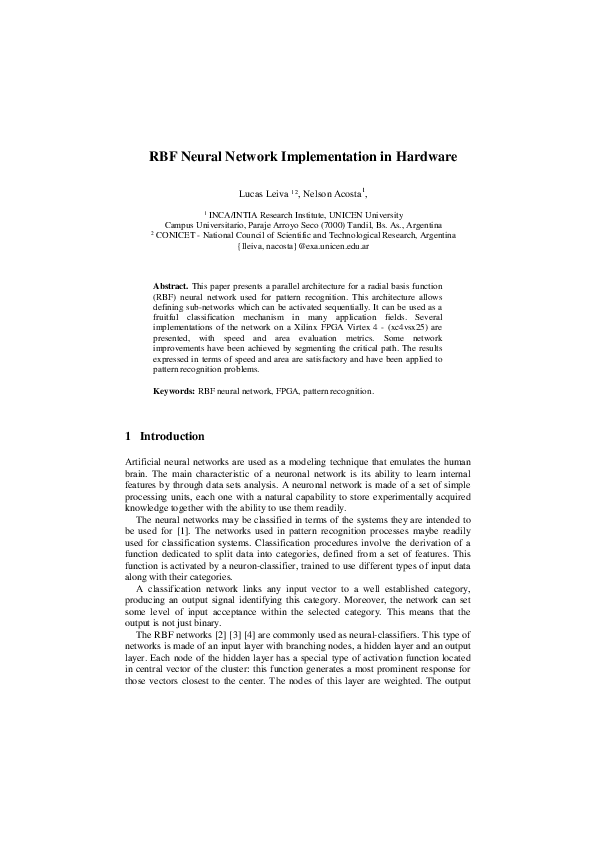(PDF) RBF Neural Network Implementation in Hardware