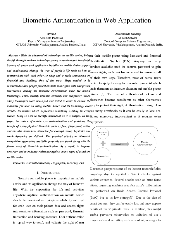 (DOC) BIOMETRIC AUTHENTICATION, PAPER Sandeep Devarakonda Academia.edu