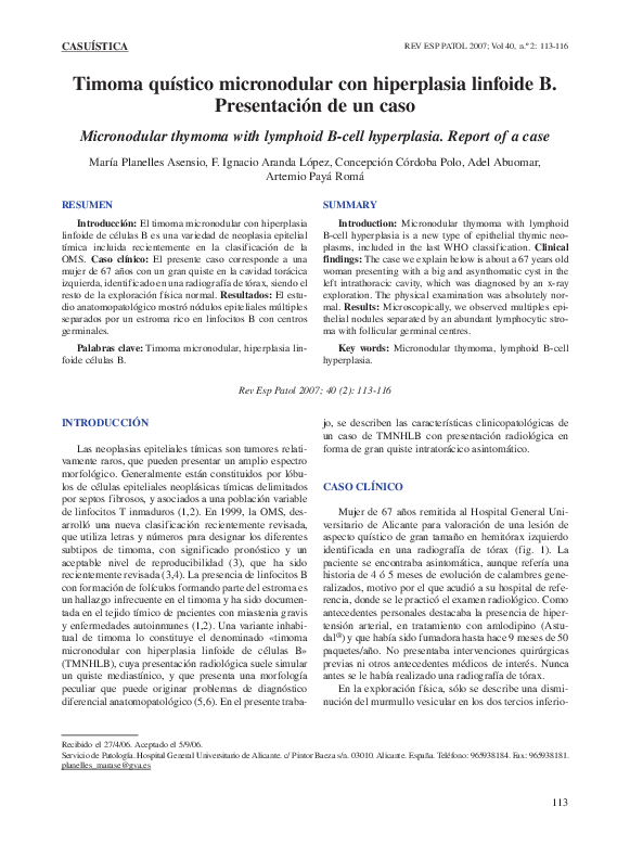 (PDF) Timoma quístico micronodular con hiperplasia linfoide B ...