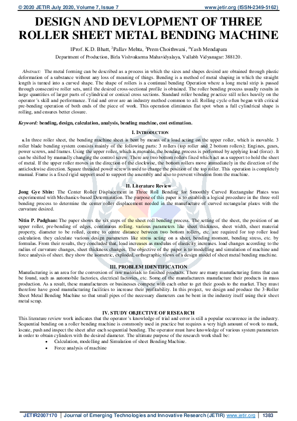 (PDF) Design and Fabrication of 3 Roller Sheet Metal Bending Machine