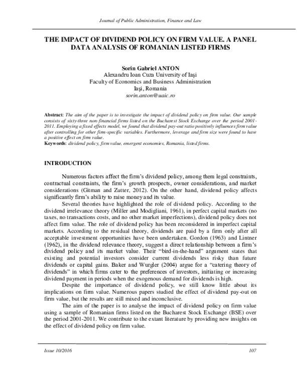 (PDF) THE IMPACT OF DIVIDEND POLICY ON FIRM VALUE. A PANEL DATA ...