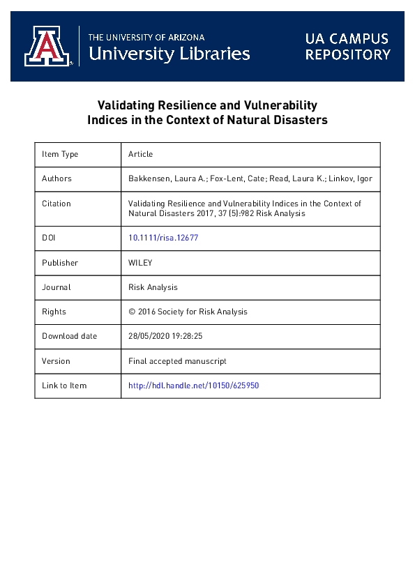 (PDF) Validating Resilience and Vulnerability Indices in the Context of ...