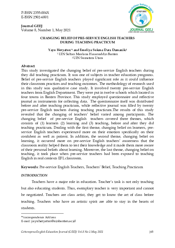 (PDF) Changing Belief of Pre-Service English Teachers During Teaching ...