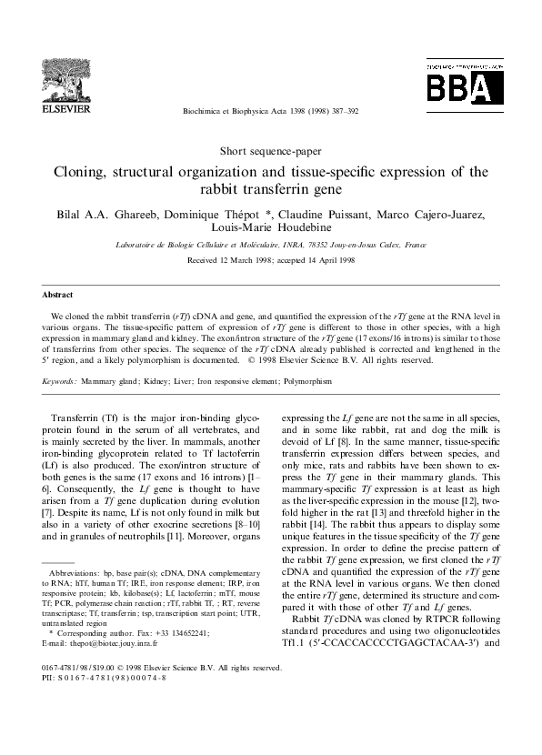 (PDF) Cloning, structural organization and tissue-speci¢c expression of ...
