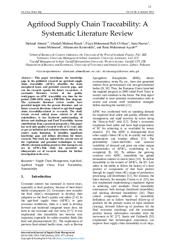 (PDF) Agrifood Supply Chain Traceability: A Systematic Literature Review