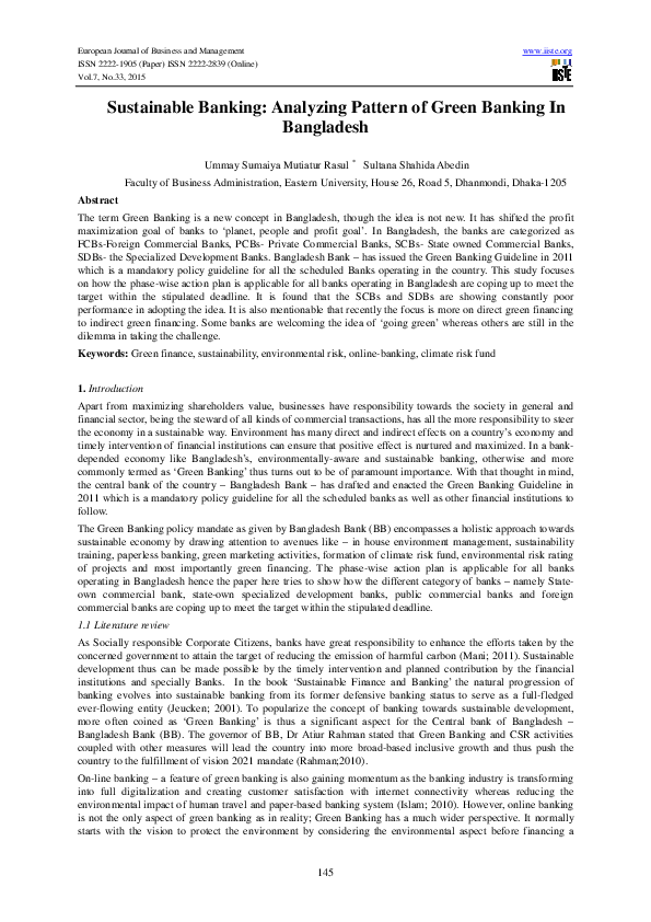(PDF) Sustainable Banking: Analyzing Pattern of Green Banking In Bangladesh