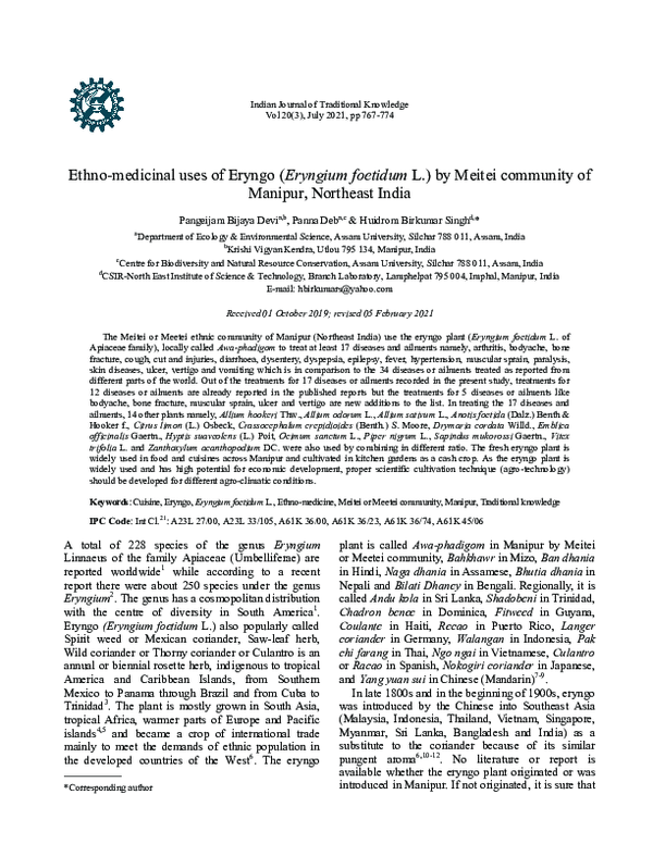 (PDF) Ethnomedicinal uses of Eryngo ( Eryngium foetidum L.) by Meitei
