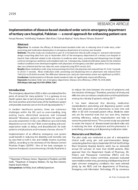 (PDF) Implementation of disease-based standard order sets in emergency ...