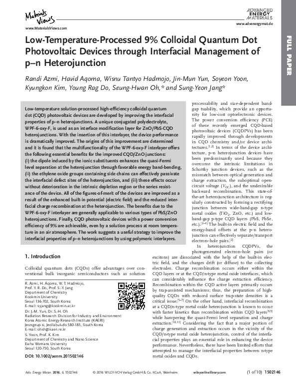 (PDF) Low-Temperature-Processed 9% Colloidal Quantum Dot Photovoltaic ...
