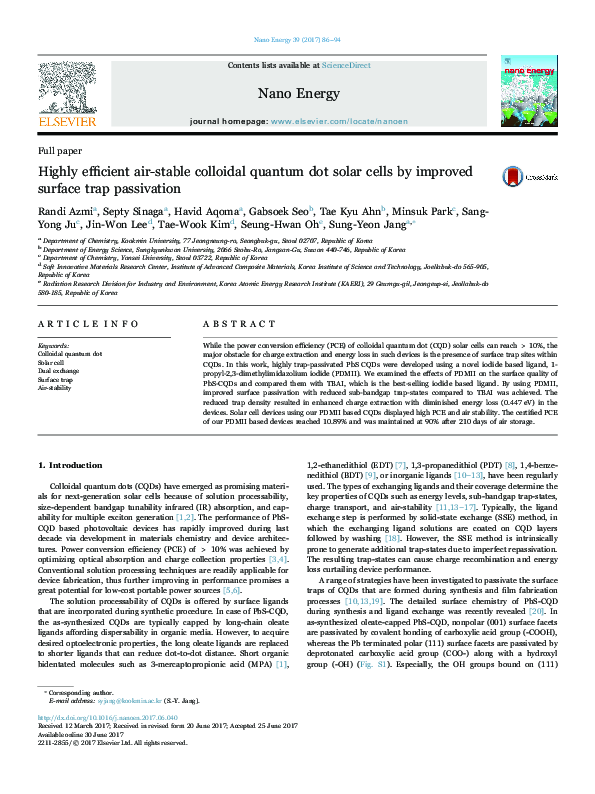 (PDF) Highly efficient air-stable colloidal quantum dot solar cells by ...