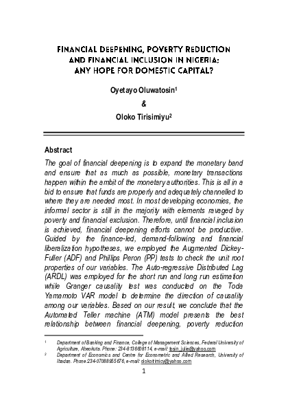 (PDF) Financial Deepening, poverty reduction and financial inclusion in ...