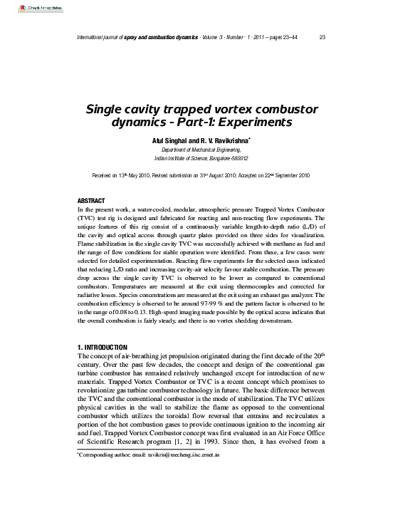(PDF) Single Cavity Trapped Vortex Combustor Dynamics – Part-1: Experiments