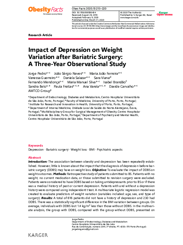 (PDF) Impact of Depression on Weight Variation after Bariatric Surgery ...