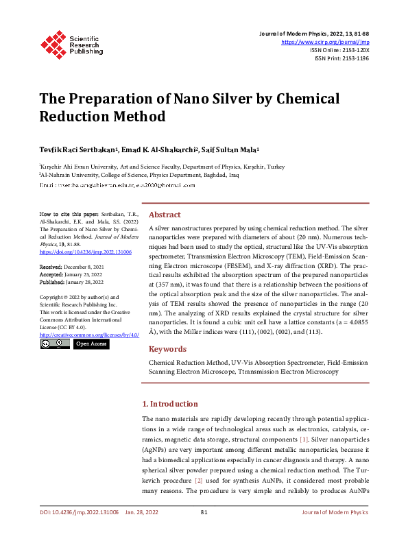 (PDF) The Preparation of Nano Silver by Chemical Reduction Method
