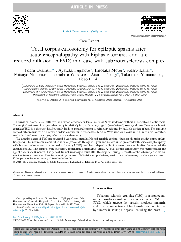 (PDF) Total corpus callosotomy for epileptic spasms after acute ...
