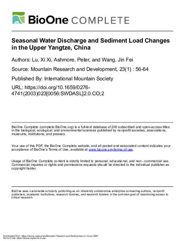 (PDF) Seasonal Water Discharge and Sediment Load Changes in the Upper ...