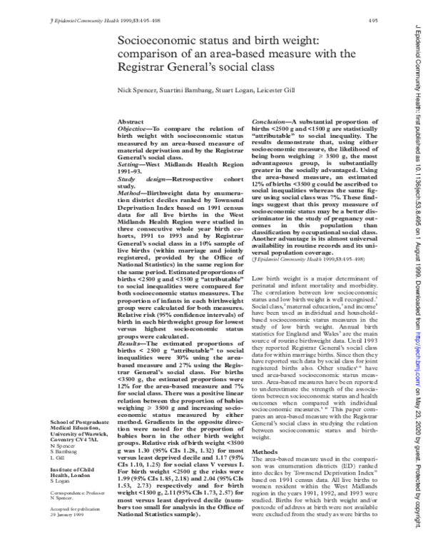 (PDF) Socioeconomic status and birth weight: comparison of an area ...