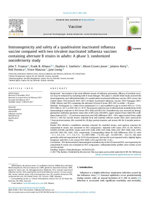 (PDF) Immunogenicity and safety of a quadrivalent inactivated influenza ...