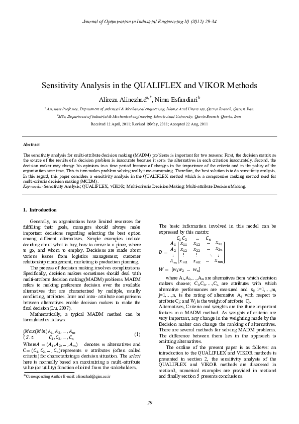 (PDF) Sensitivity Analysis in the QUALIFLEX and VIKOR Methods