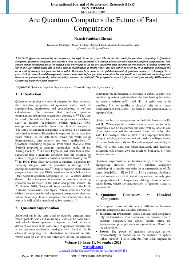 (PDF) Are Quantum Computers the Future of Fast Computation