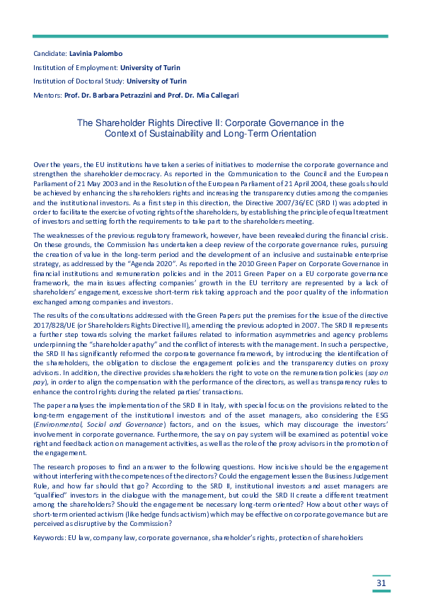 (PDF) The Shareholder Rights Directive II: Corporate Governance in the ...