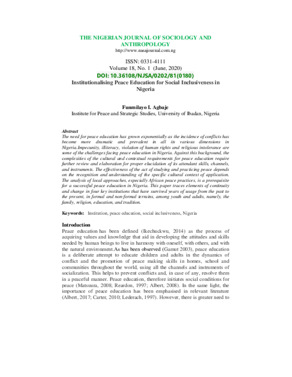 (PDF) Institutionalising Peace Education for Social Inclusiveness in ...