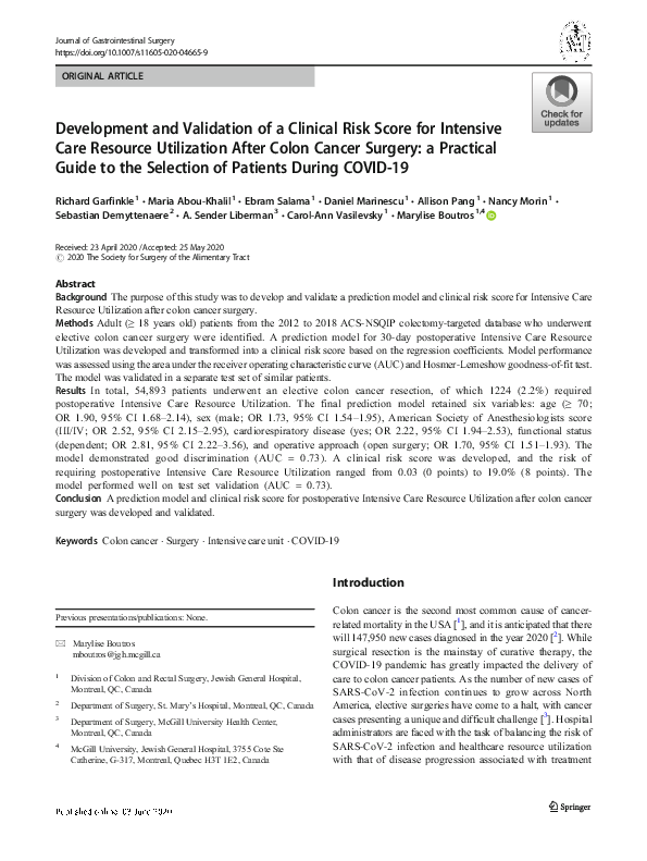 (PDF) Development and Validation of a Clinical Risk Score for Intensive ...