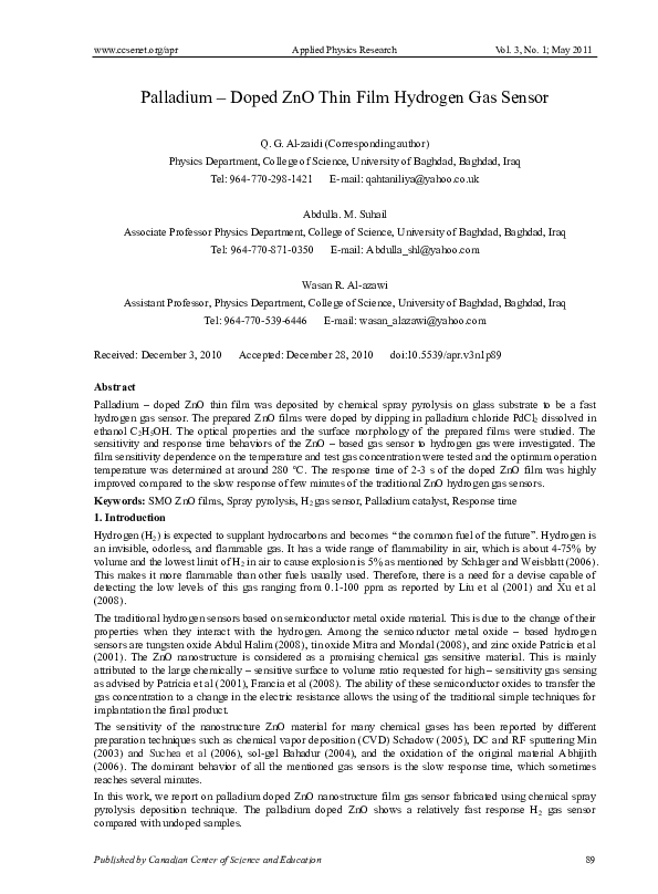 (PDF) Palladium – Doped ZnO Thin Film Hydrogen Gas Sensor