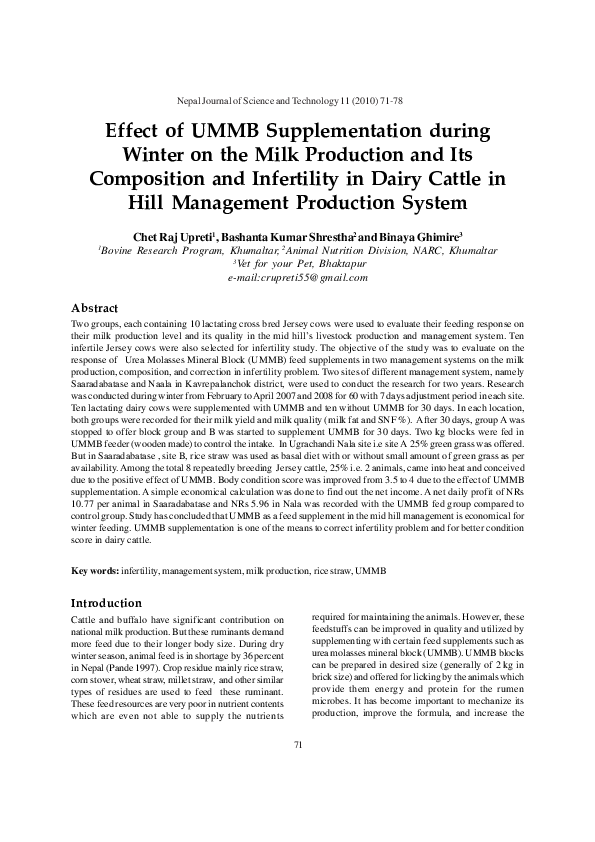 (PDF) Effect of UMMB Supplementation during Winter on the Milk ...