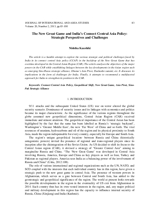 (PDF) The New Great Game and India's Connect Central Asia Policy ...