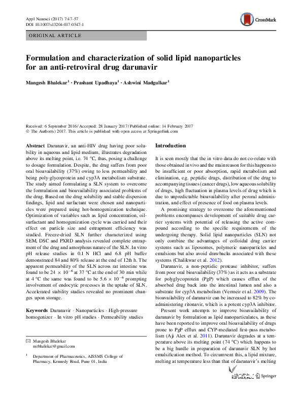 (PDF) Formulation and characterization of solid lipid nanoparticles for ...