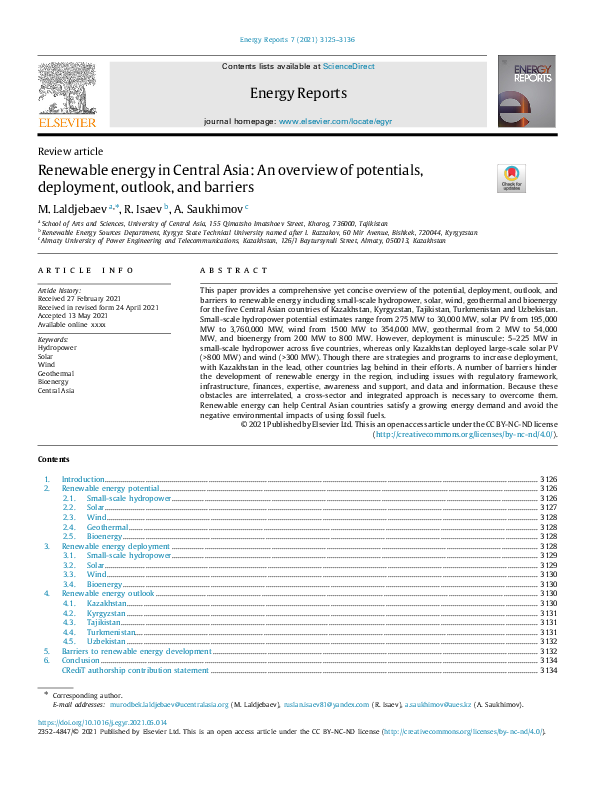 (PDF) Renewable energy in Central Asia: An overview of potentials ...