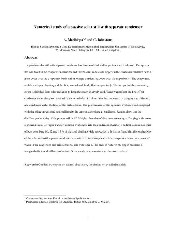 (PDF) Numerical study of a passive solar still with separate condenser