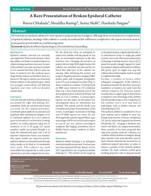 (PDF) A Rare Presentation of Broken Epidural Catheter Reena Chhabada