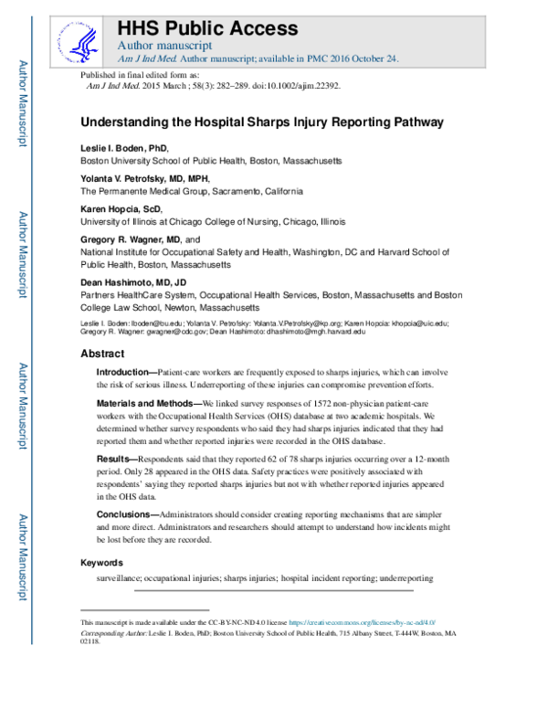 (PDF) Understanding the hospital sharps injury reporting pathway