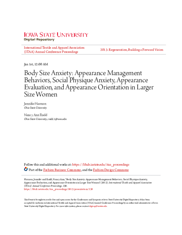 (PDF) Body Size Anxiety Appearance Management Behaviors, Social