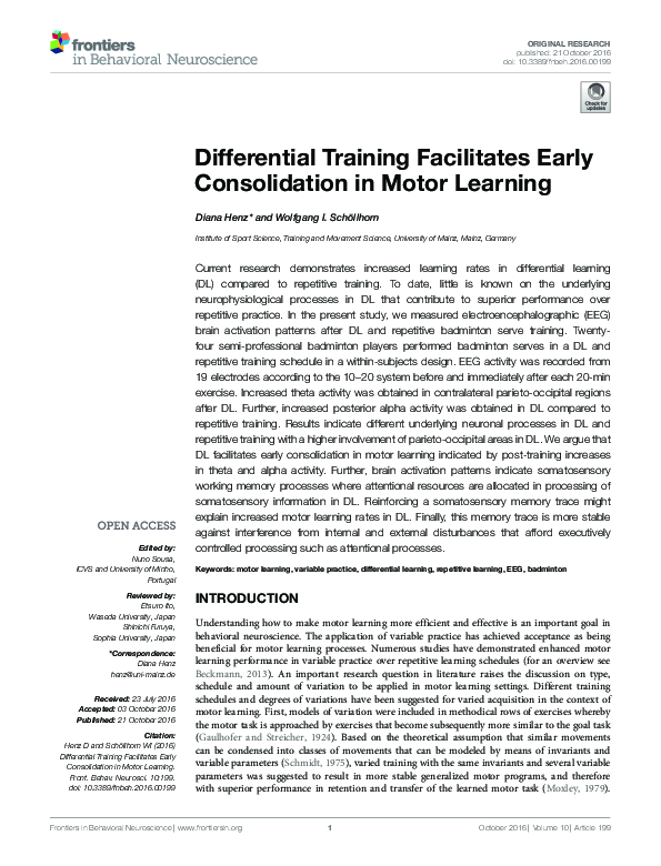 (PDF) Differential Training Facilitates Early Consolidation in Motor