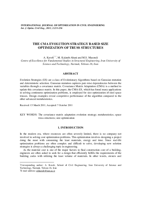 (PDF) The Cma Evolution Strategy Based Size Optimization of Truss ...