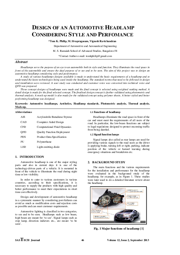 (PDF) Design of an Automotive Headlamp Considering Style and Perfomance