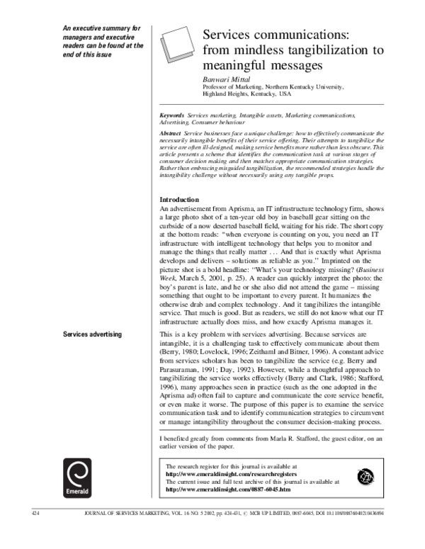 (PDF) Services communications: from mindless tangibilization to ...