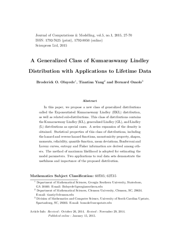 (PDF) A Generalized Class of Kumaraswamy Lindley Distribution with ...