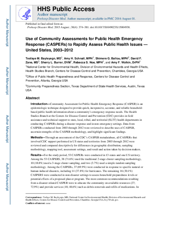 (PDF) Use of Community Assessments for Public Health Emergency Response ...