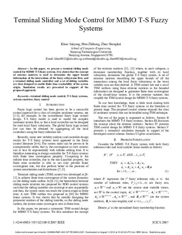 (PDF) Terminal sliding mode control for MIMO T-S fuzzy systems