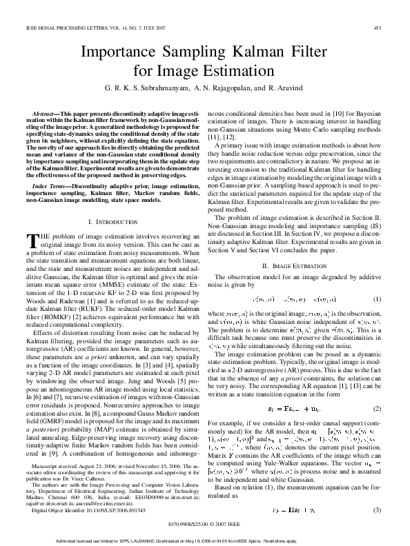 (PDF) Importance Sampling Kalman Filter for Image Estimation